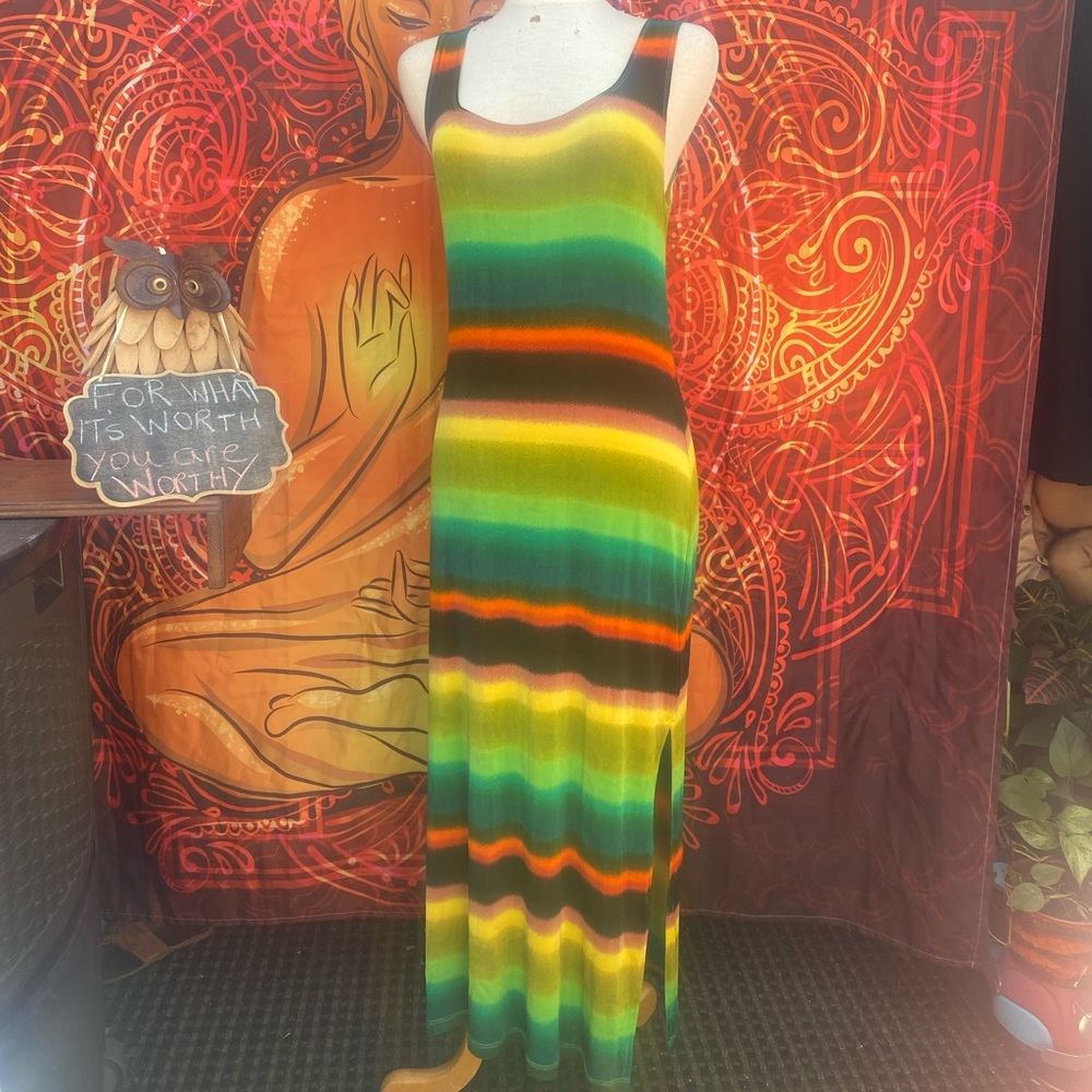 Vintage 90s oh! DONNA Rainbow Maxi Dress | Canadian Made Boho Chic | Size L